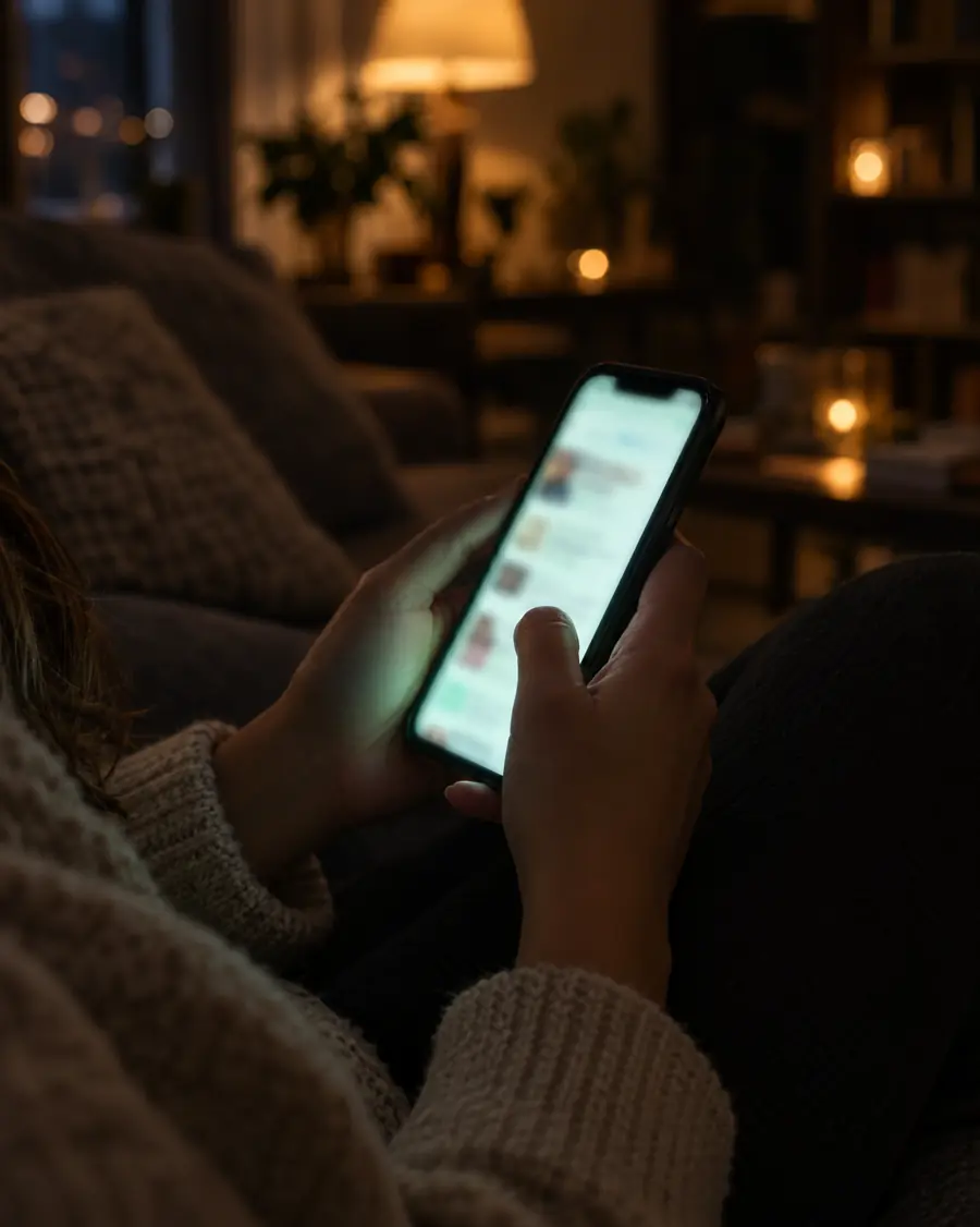 Pessoa à noite, no sofá, escrevendo no celular